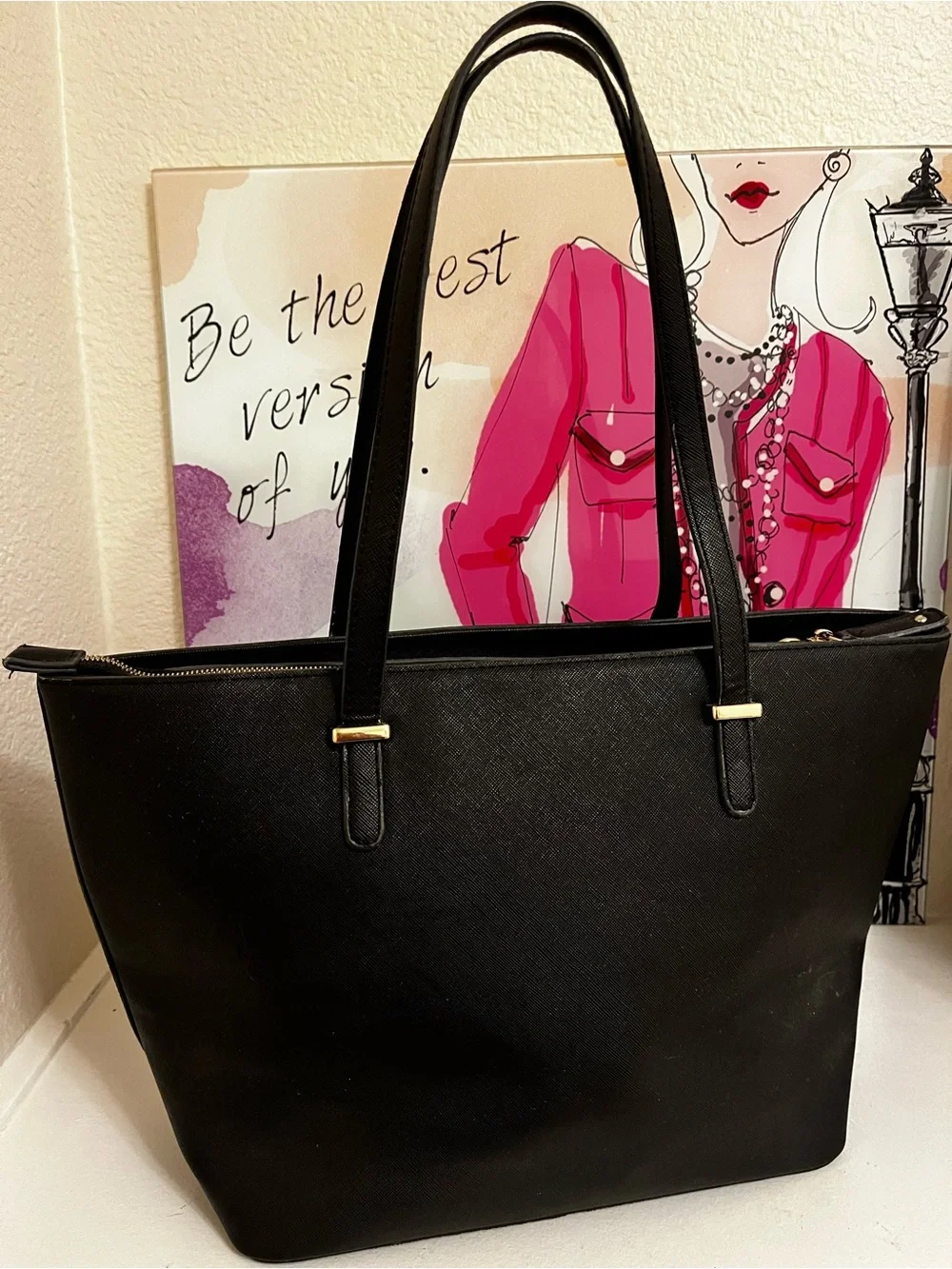 kate spade Black Saffiano Tote with Gold Logo Accents